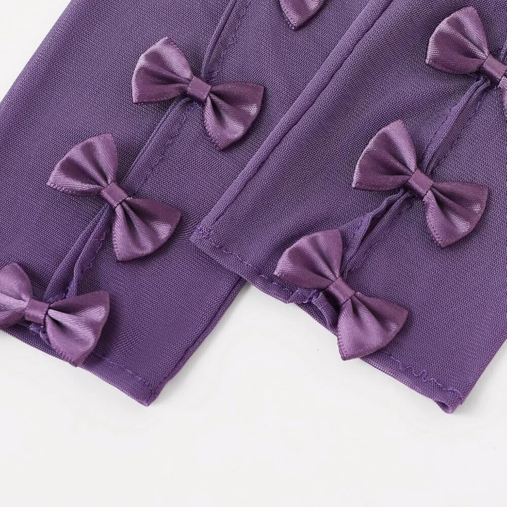 Women's Princess Purple Long Sleeves Gloves Bow Lace Mesh Tulle Party Prom